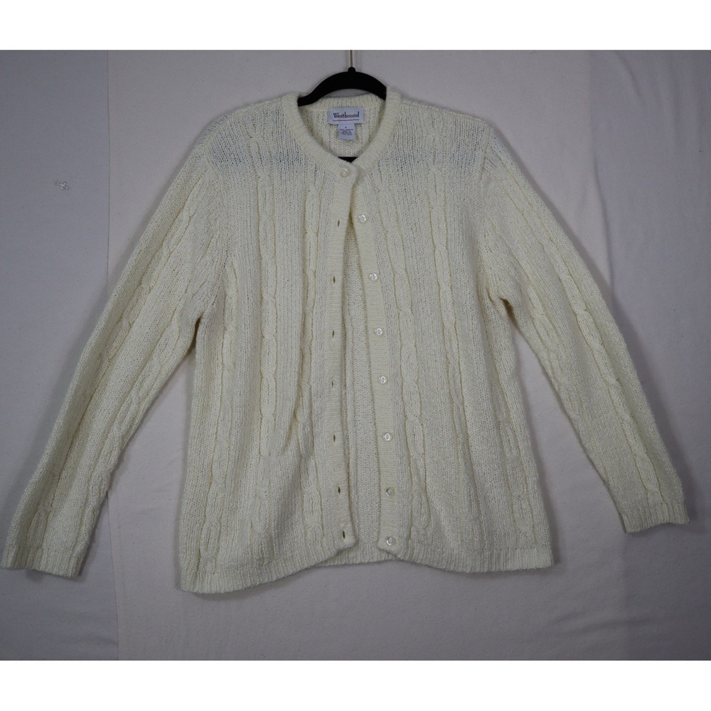 Westbound Women Large Ivory Cream Cable Button-up Cardigan Sweater